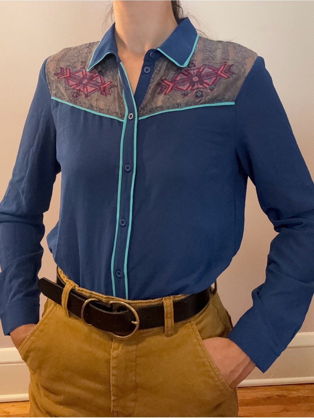 Forever 21 Blue Embroidered Western Button-Down with Turquoise Piping
